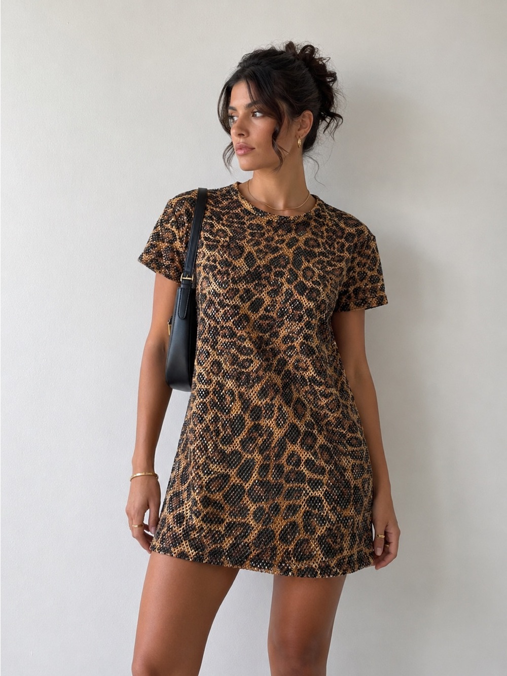 Leopard Print Short Sleeve Mesh Tunic Beach cover upBrown Black Gold Small